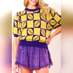 Purple Rugby Plaid Color Block Puff Short Sleeve Sweater